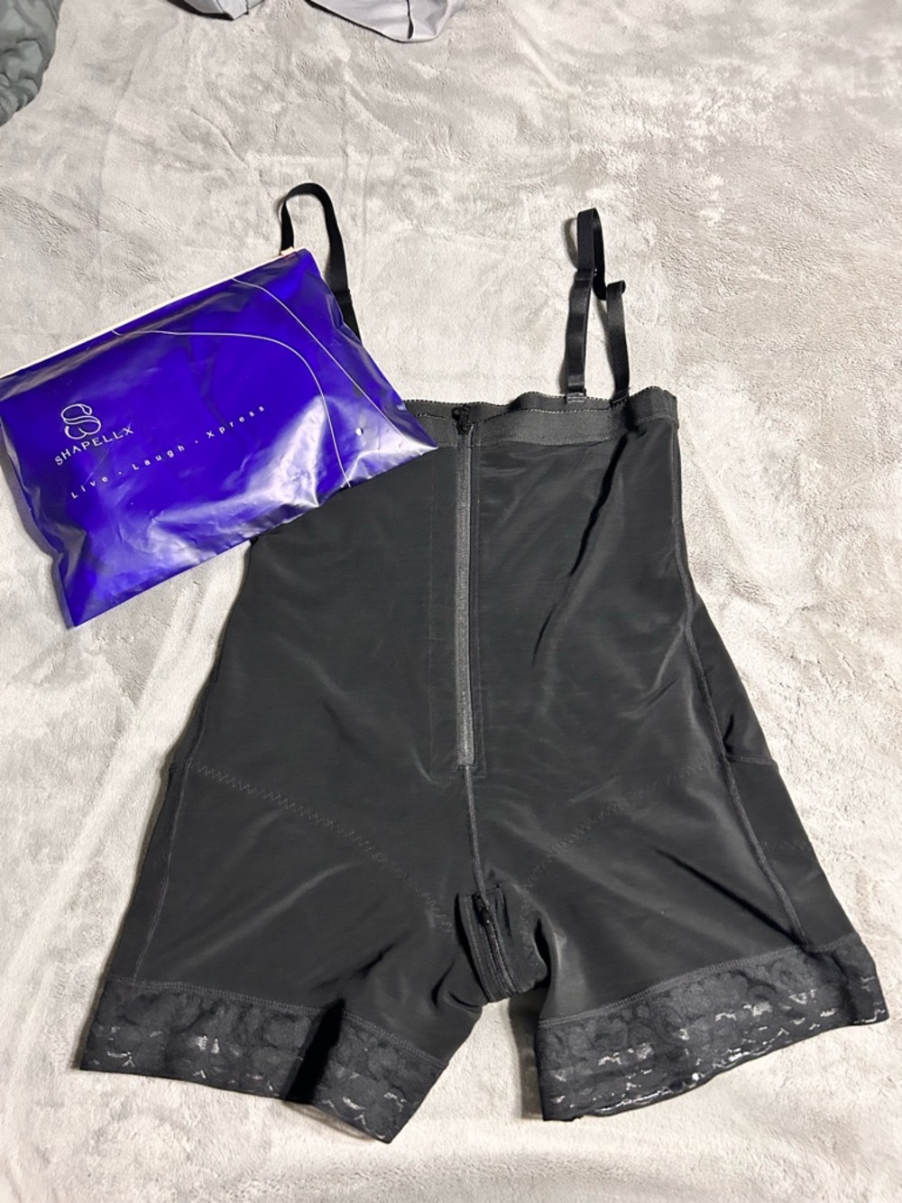 Shapellx Black High-Waist Firm Control Bodysuit with Lace Trim
